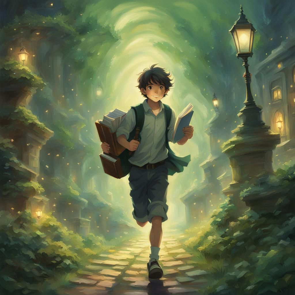 Anime Boy Running Towards Light in Dark Academia Style