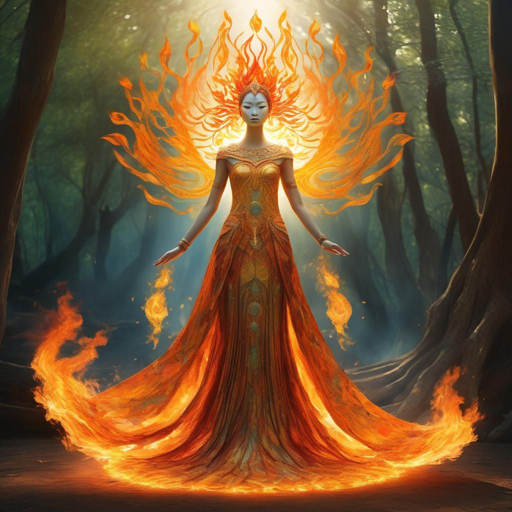 Ethereal Fire Goddess in a Soulful Oil Painting