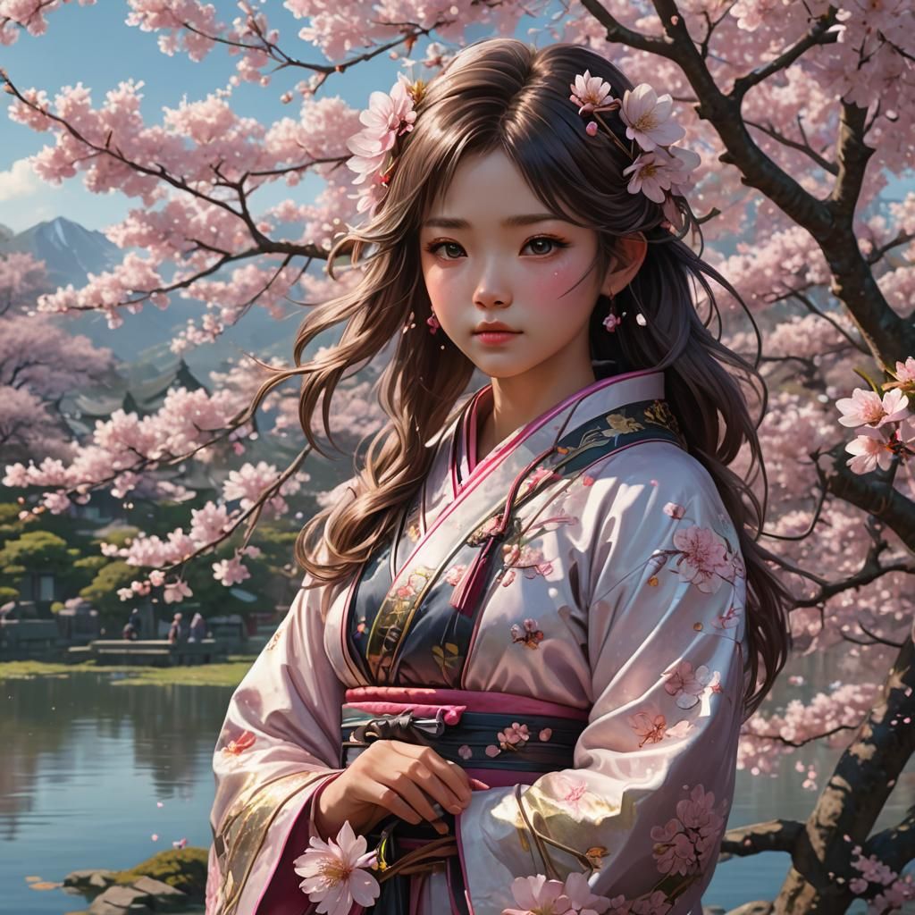 Cherry Blossom Above Japanese Lake, Hyperdetailed Art