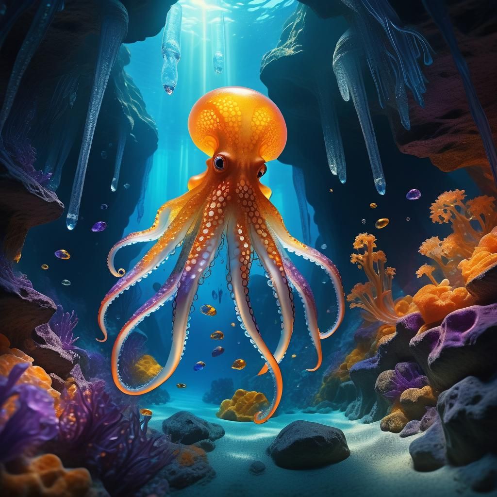 Rainbow Crystal Squid in Underwater Cavern