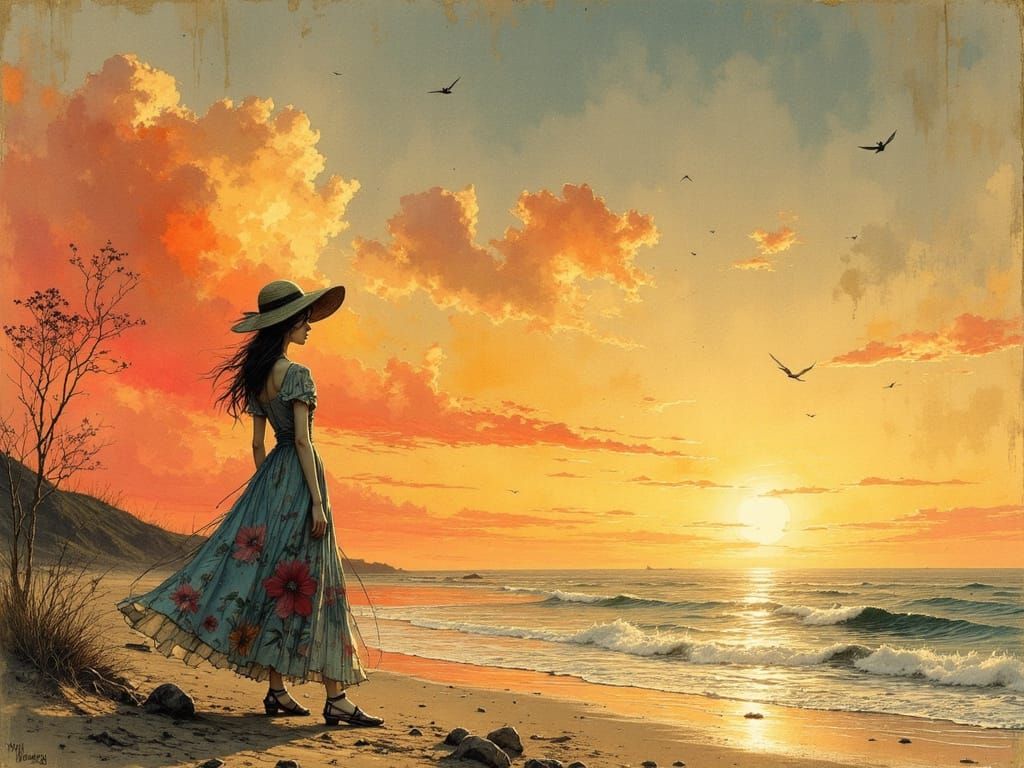 Nostalgic Woman on Beach in Vintage Illustration Style