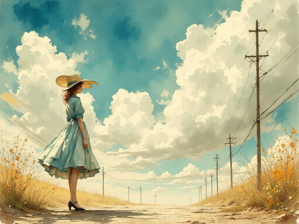 Woman in Vintage Dress Gazing at Sunny Sky