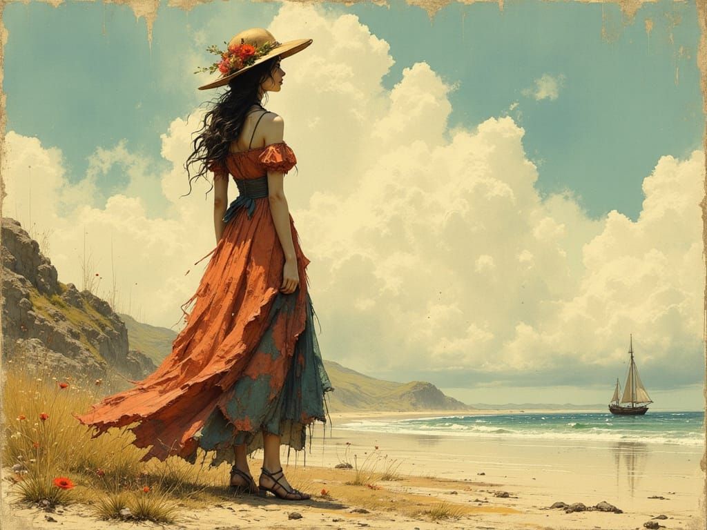 Woman on Beach in Romantic Style