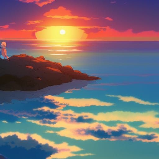 Sunset Over Sea in Studio Ghibli Anime Style