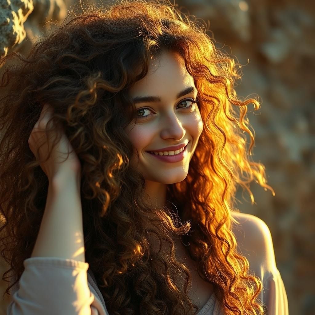 Woman with Long Curly Hair in Dreamy Realism