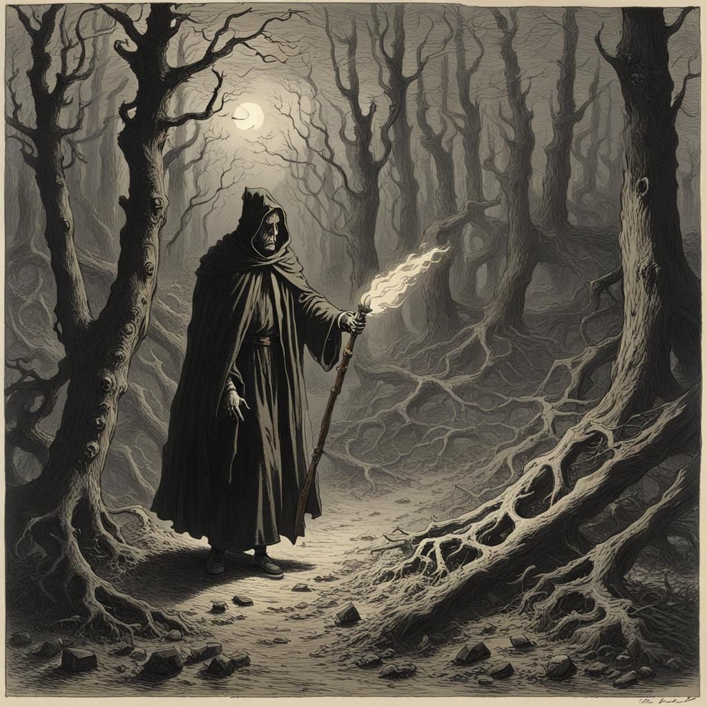 Cloaked Figure Walks Through Dead Woods
