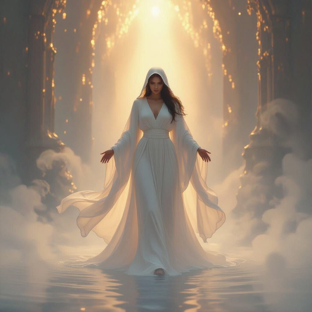 Ethereal Goddess Emerges from Shimmering Mist