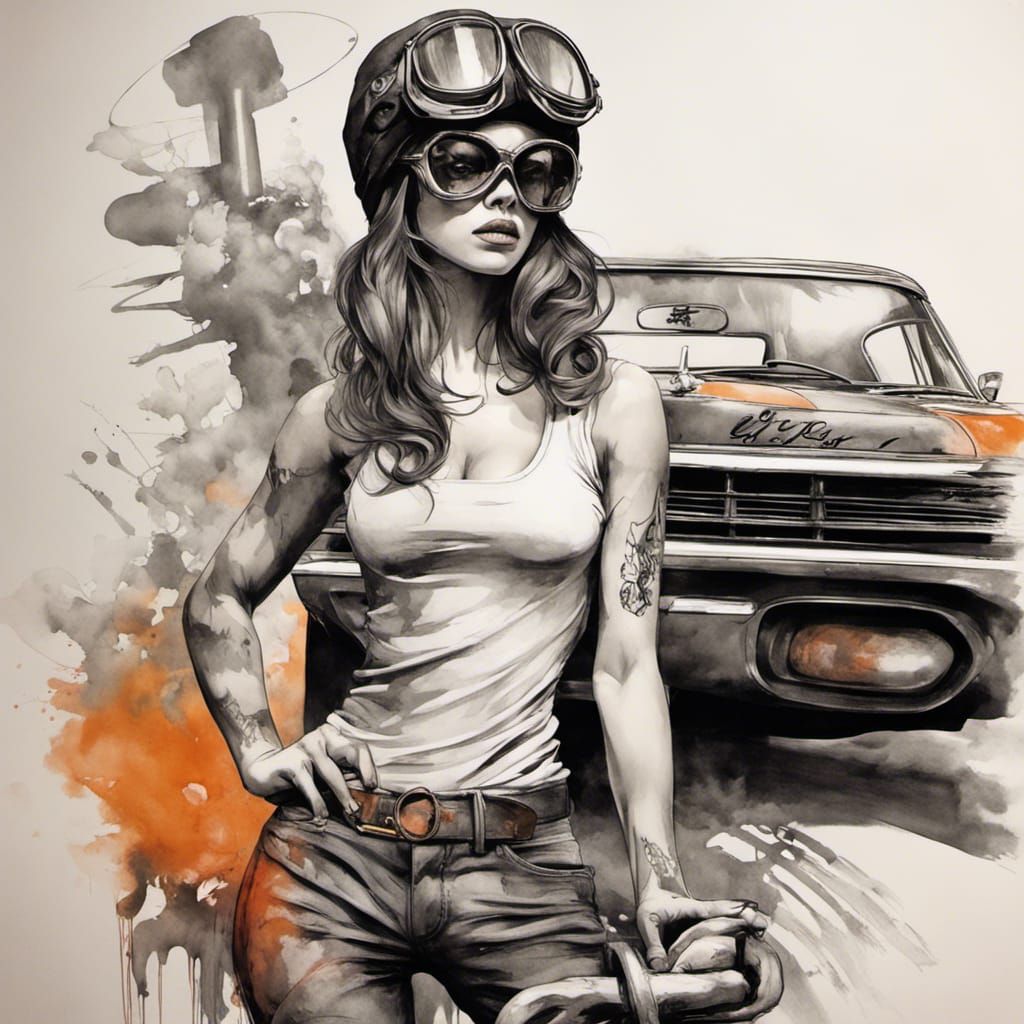 Anime-Style Mechanic with Hot Rod and Robot