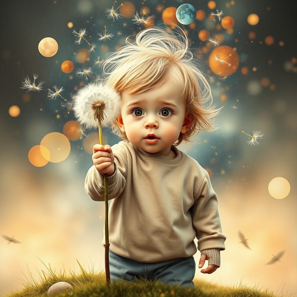 Child Blows Dandelion Seed into Cosmic Vortex