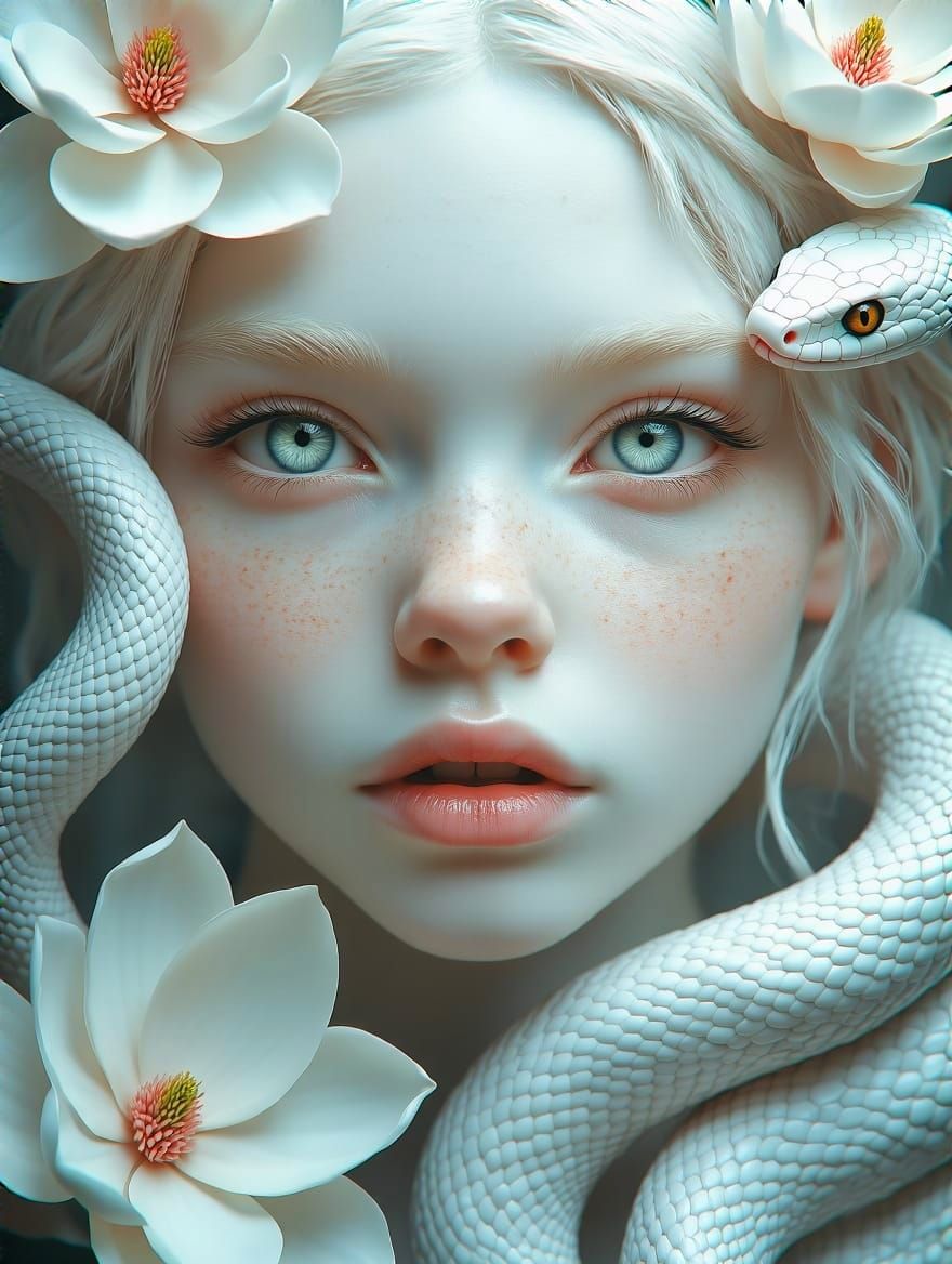 Mesmerizing Albino Goddess with Snakes and Flowers