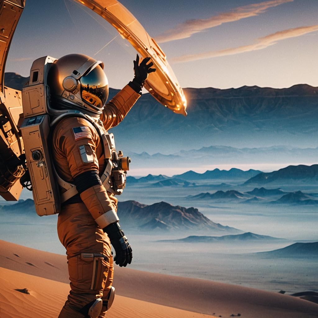 Astronaut in Desert with Glowing Spaceship