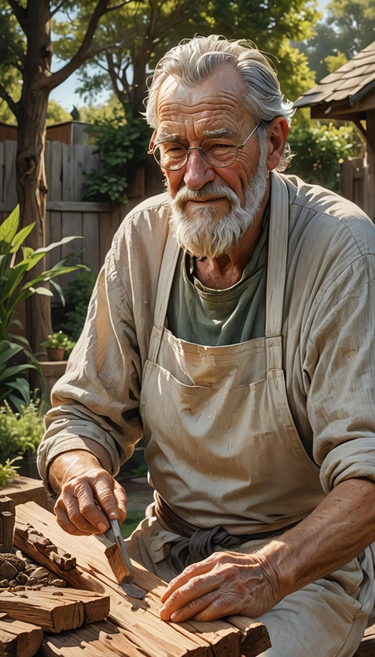 Hyperrealistic Woodcarver in Garden Concept Art
