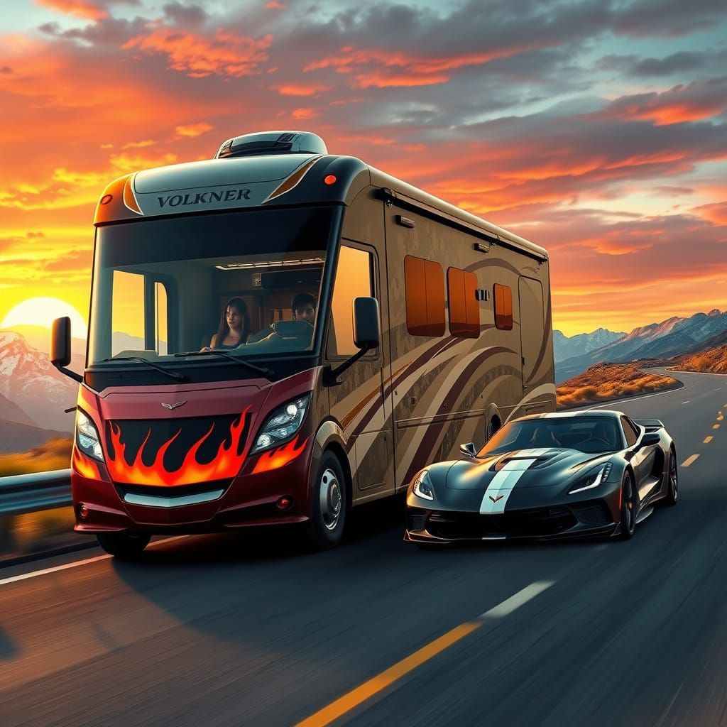Volkner Motorhome with Camo Flames on Highway