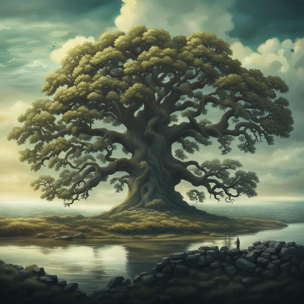 Epic Fantasy Oak Tree Landscape in D&D Style