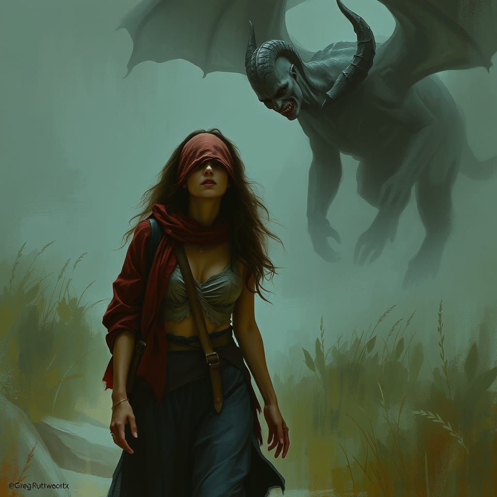 Woman Walks Beside Her Dark Companion in a Sinister World