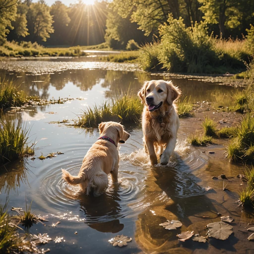 Golden Retriever Walks Out of Lake in Sunshine