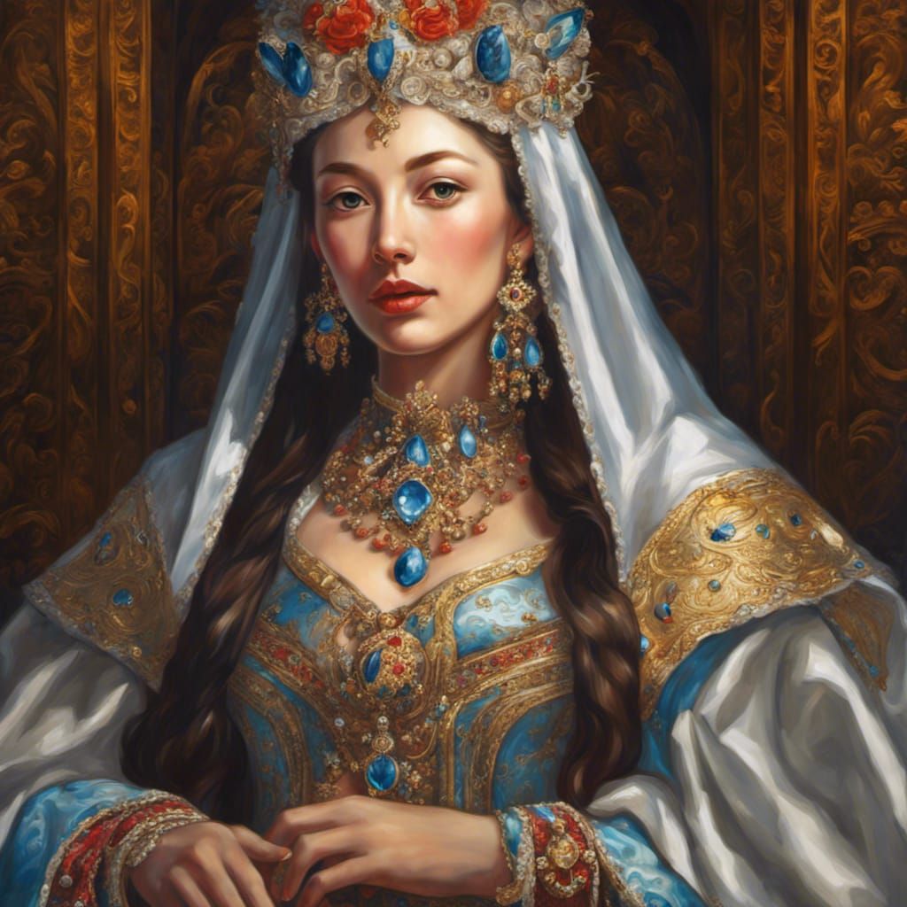 Medieval Noblewoman in Elaborate Dress: Oil Painting
