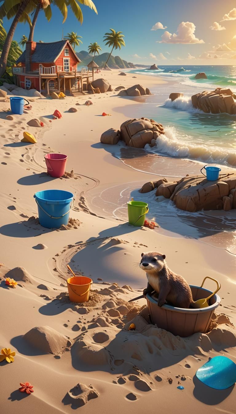 Pixar Otter Builds Sandcastle on Tropical Beach