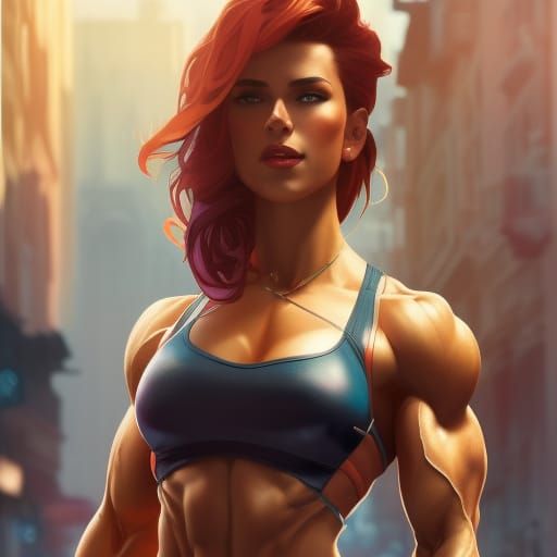 Hyperdetailed Muscle Girl in City Concept Art