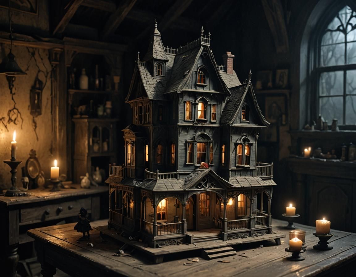 Eerie Gothic Dollhouse in Abandoned Attic
