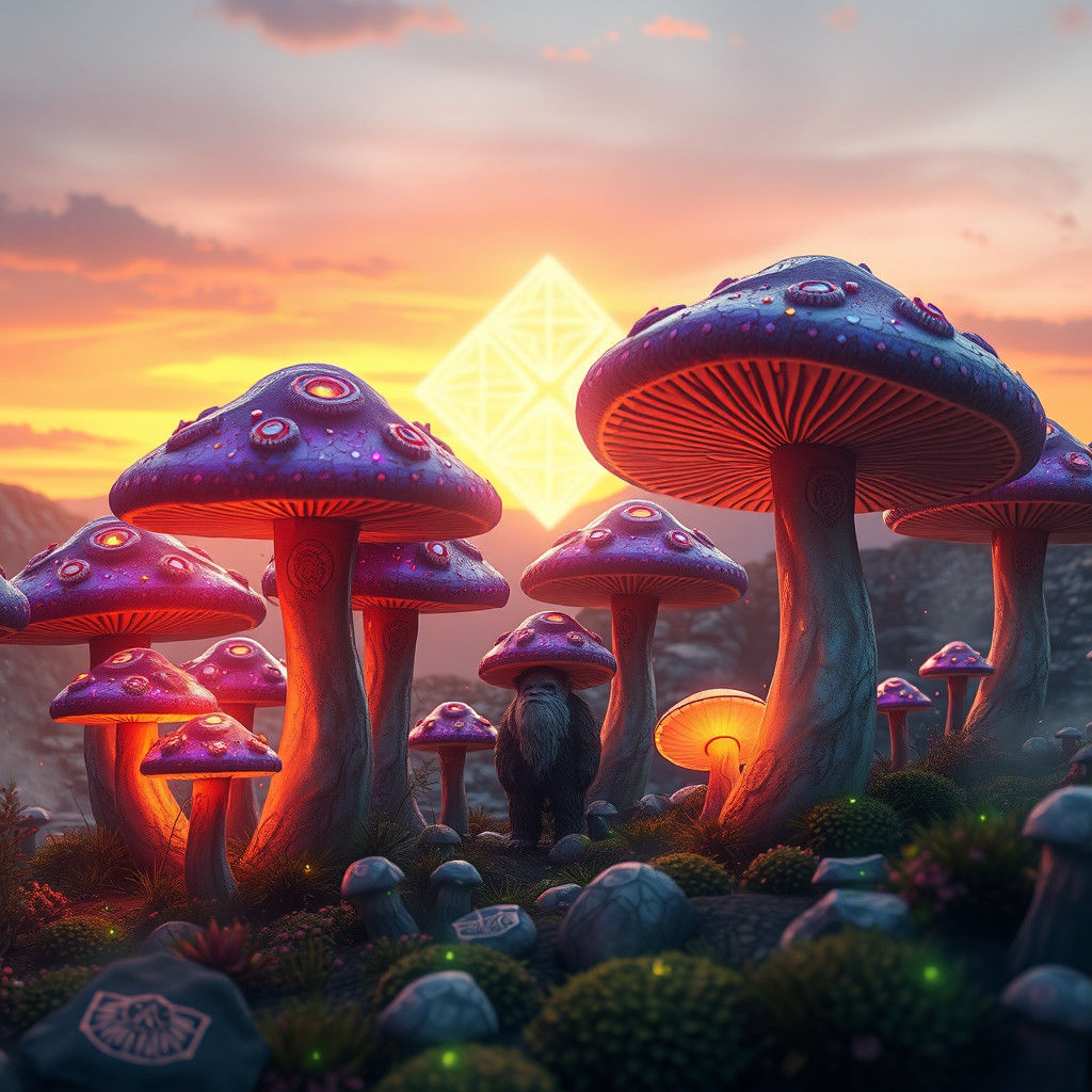 Cosmic Mushroom Gnomes in a Sunset Landscape
