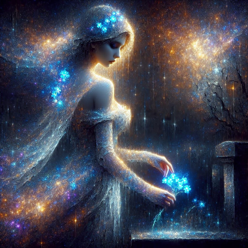 Ethereal Ghost Picking Forget-Me-Not Flower in Romanticism S...