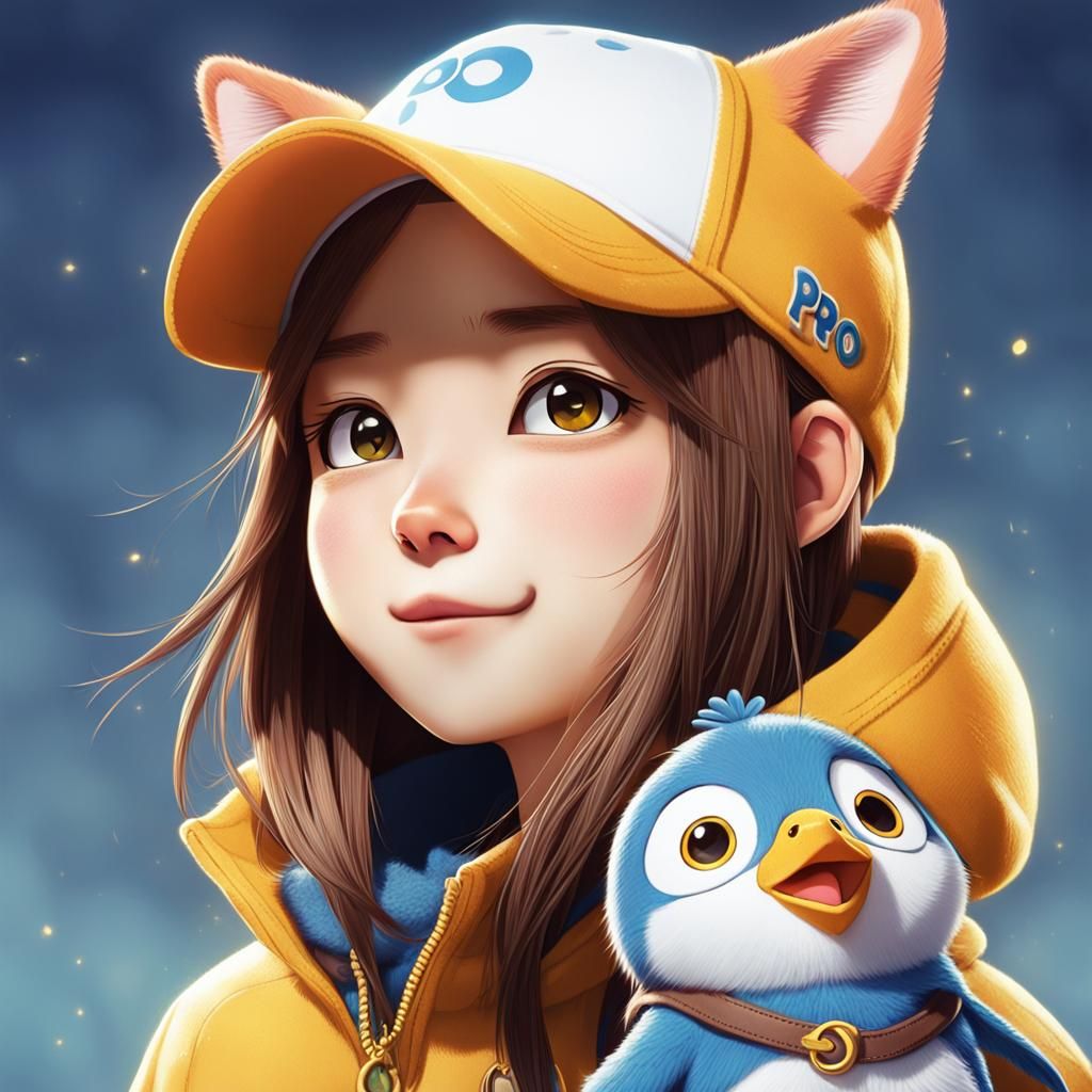 Anime Cat Girl with Pororo Cap Cel-Shaded Art