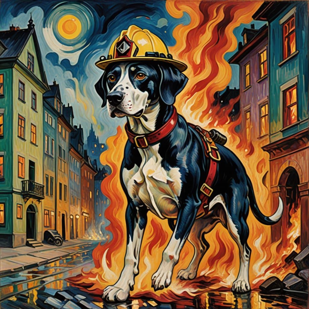 Heroic Dalmatian Firefighter in Neo-Expressionist Oil Painti...