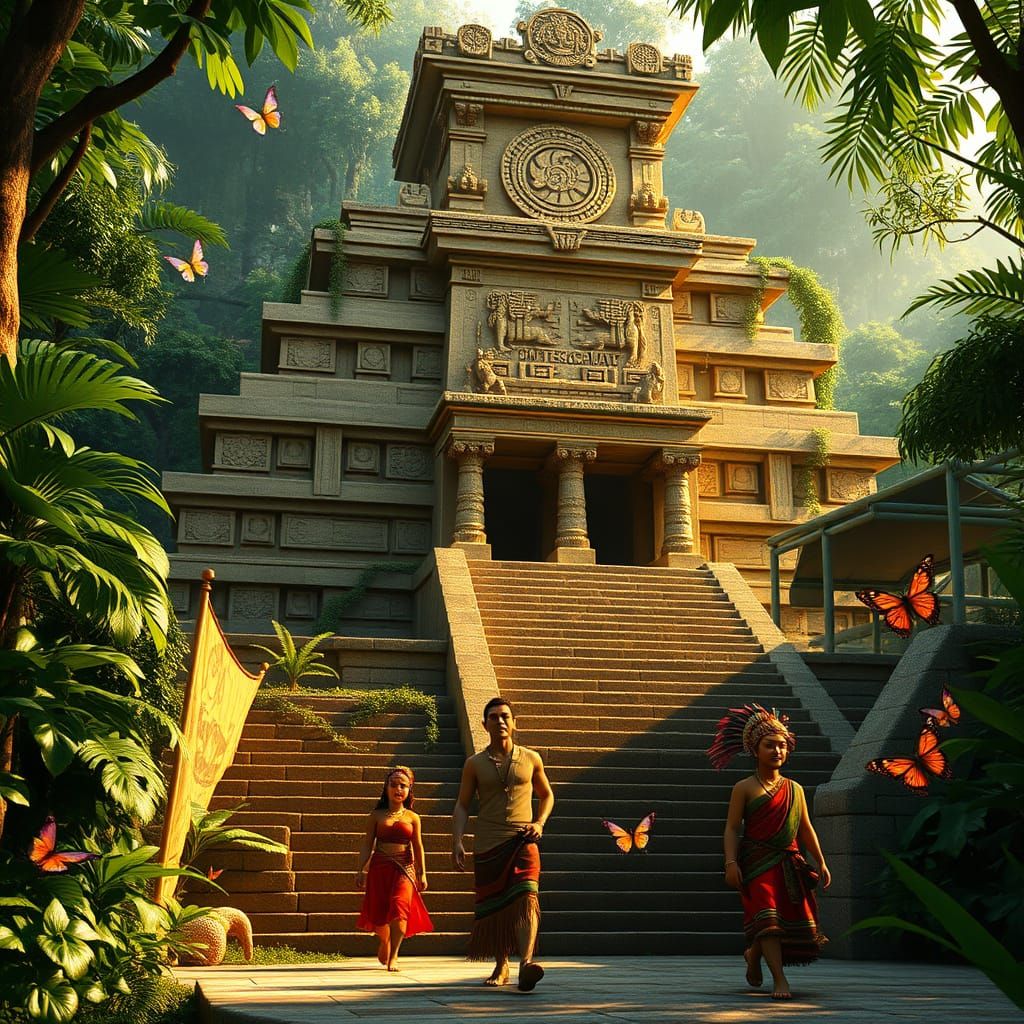 Majestic Mesoamerican Temple in Golden Light