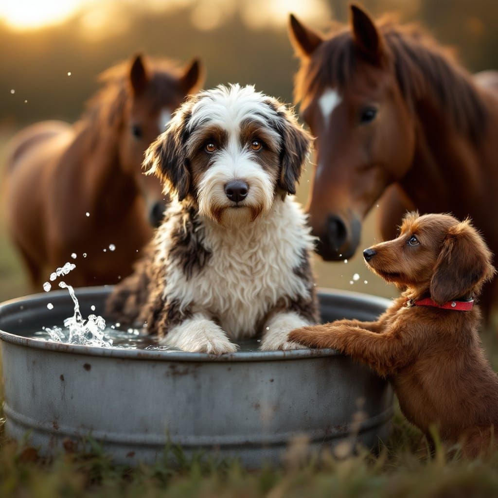 Surreal Scene of a Laid-Back Aussiedoodle in a Weathered Sil...