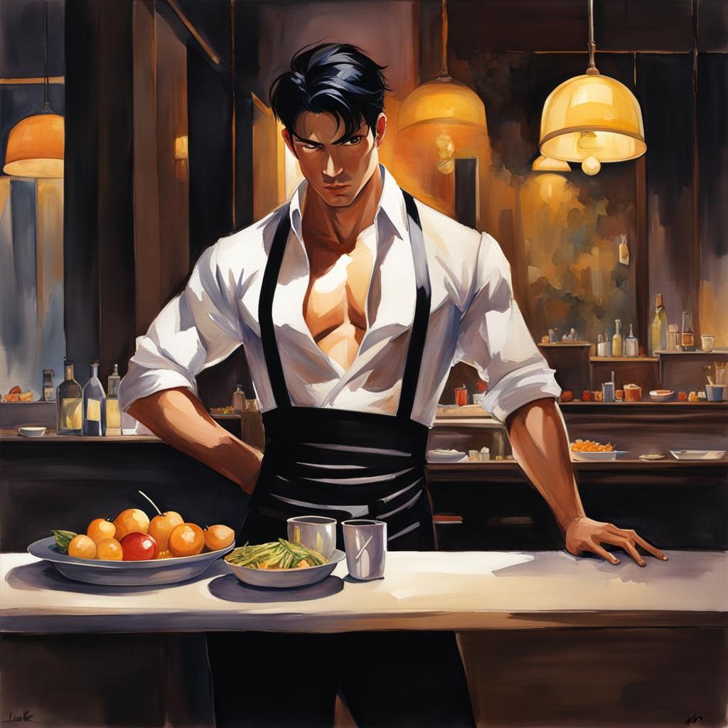 Handsome French Waiter: Cell Shaded Watercolor Portrait