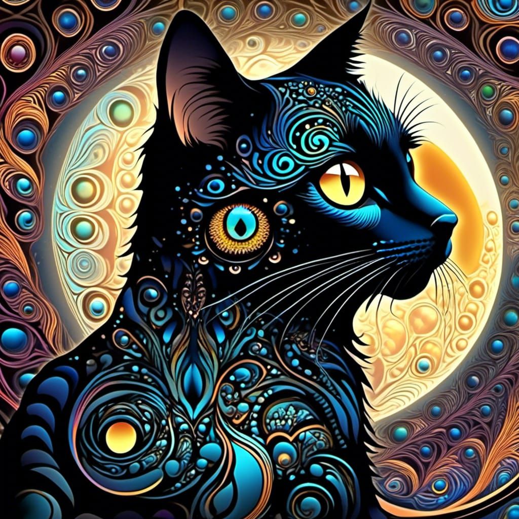 Black Cat Gazing at Moon in Fractal Art