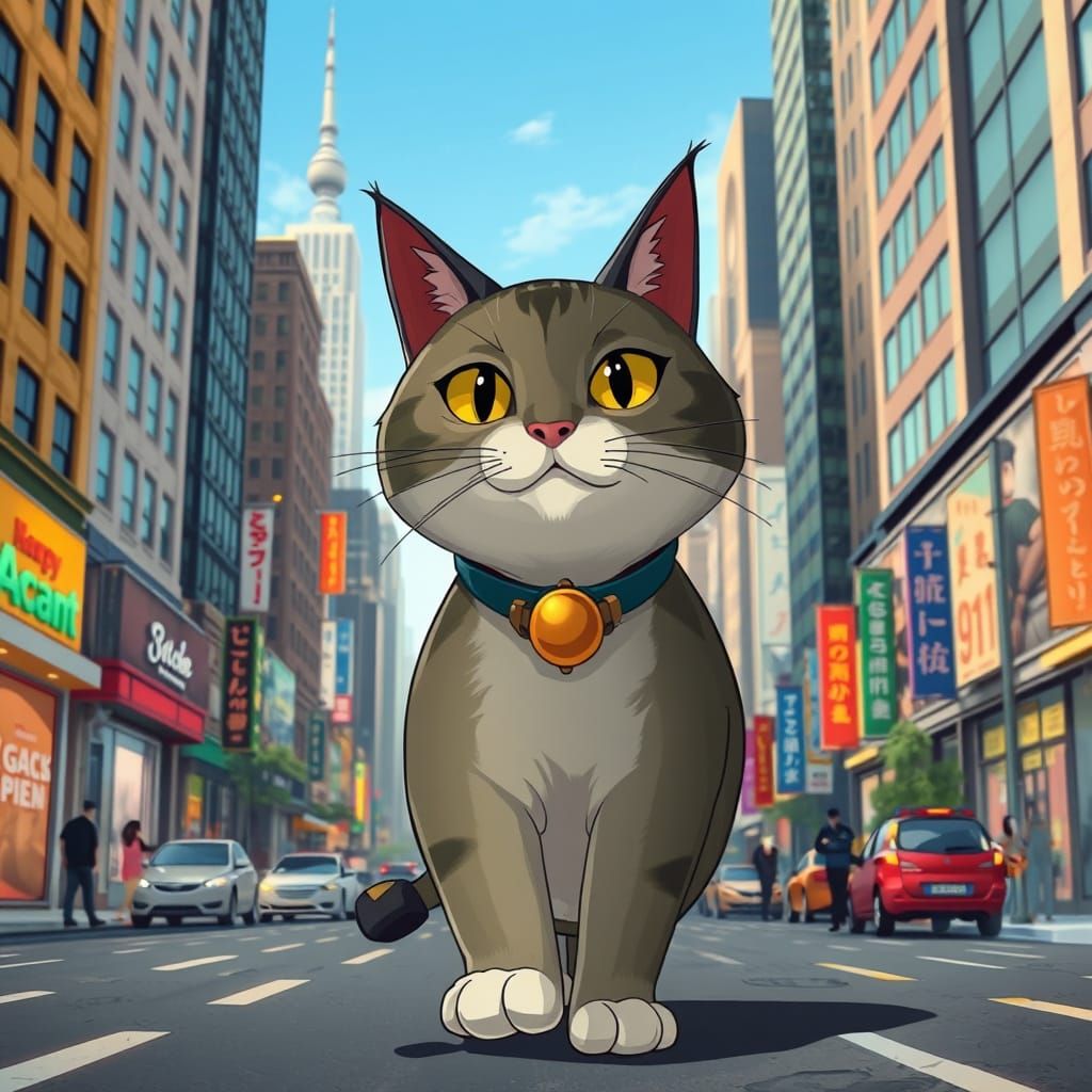 Giant Cat Walks City Street in Miyazaki Style
