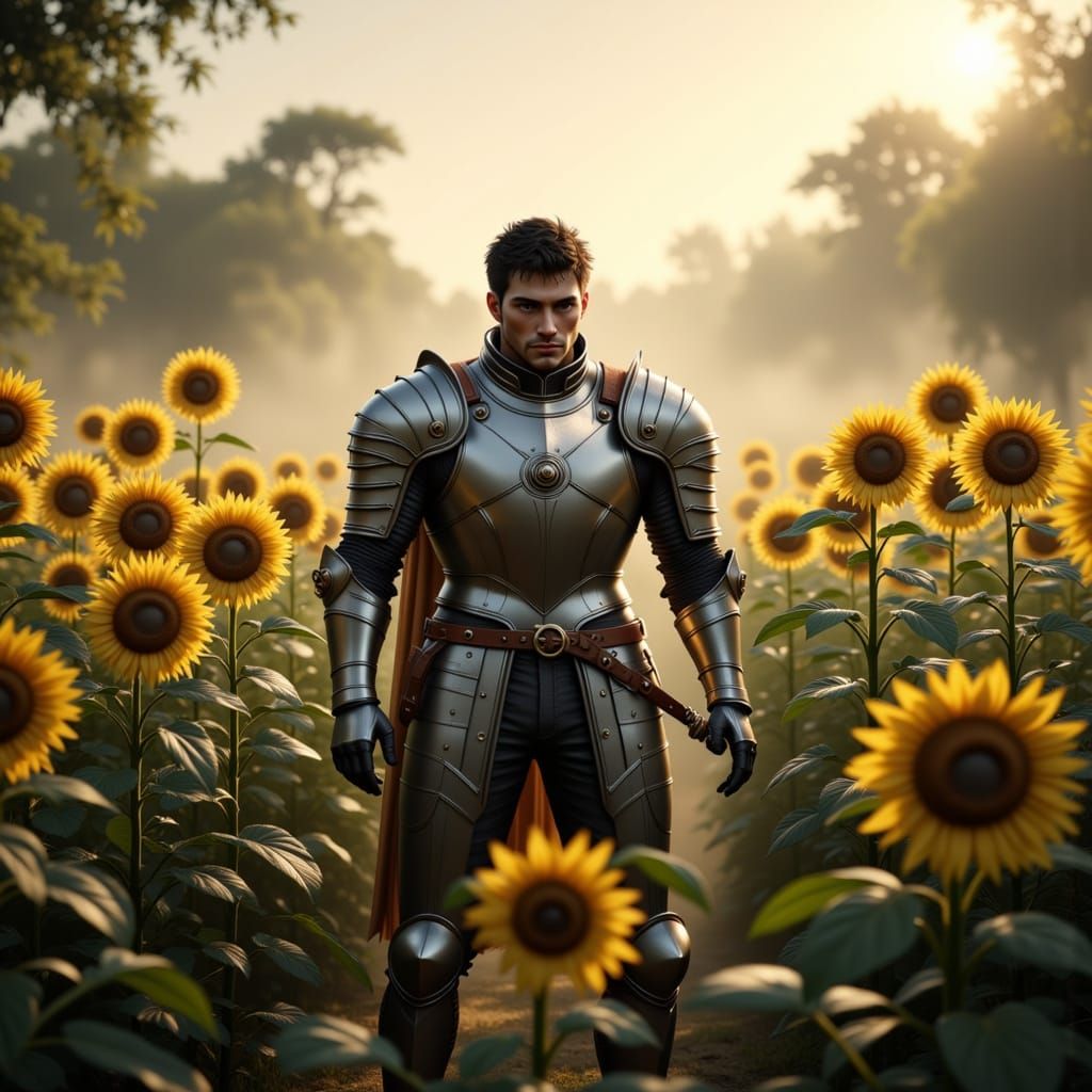 Knight in Sunflower Field, Gothic Hyperrealism