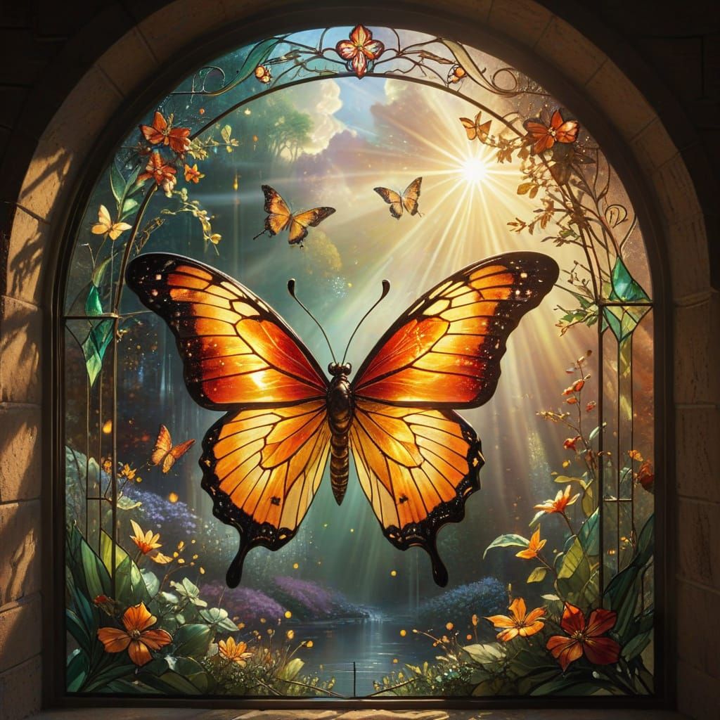 Stained Glass Butterfly Window with Celestial Patterns