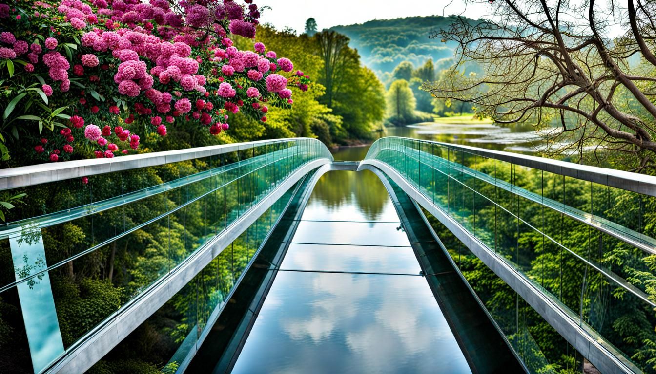 Glass Bridge Over River with Flowers and Trees