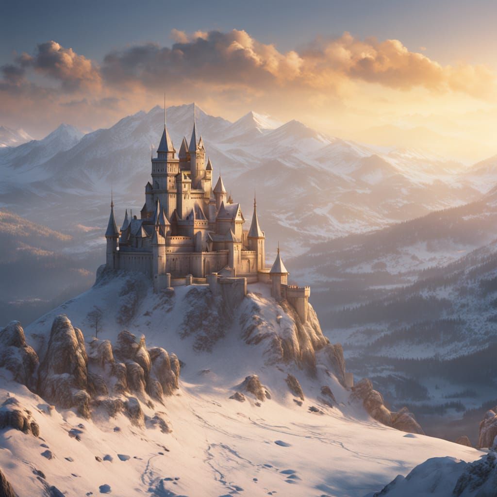 Majestic Castle at Dawn on Snowy Mountain