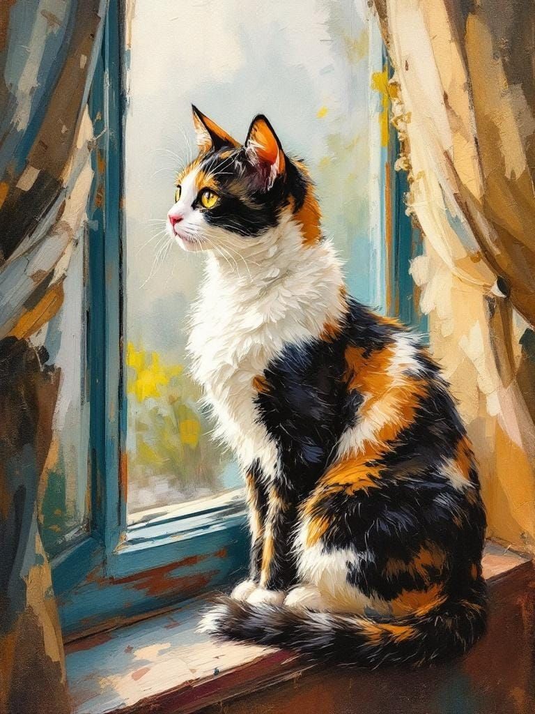 Elegant Calico Cat in Impasto Vintage Painting