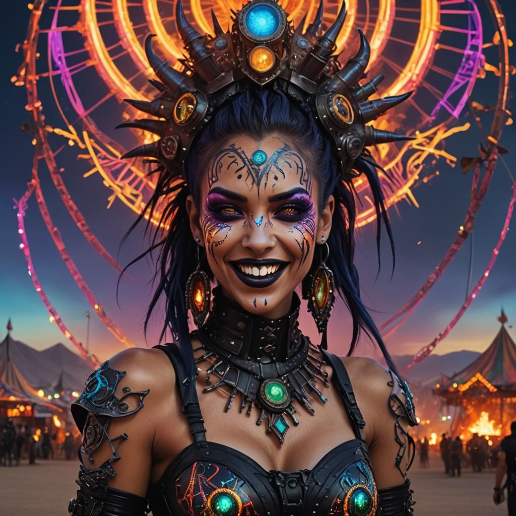 Cyber Goth Laughs at Burning Man in Dark Fantasy Art