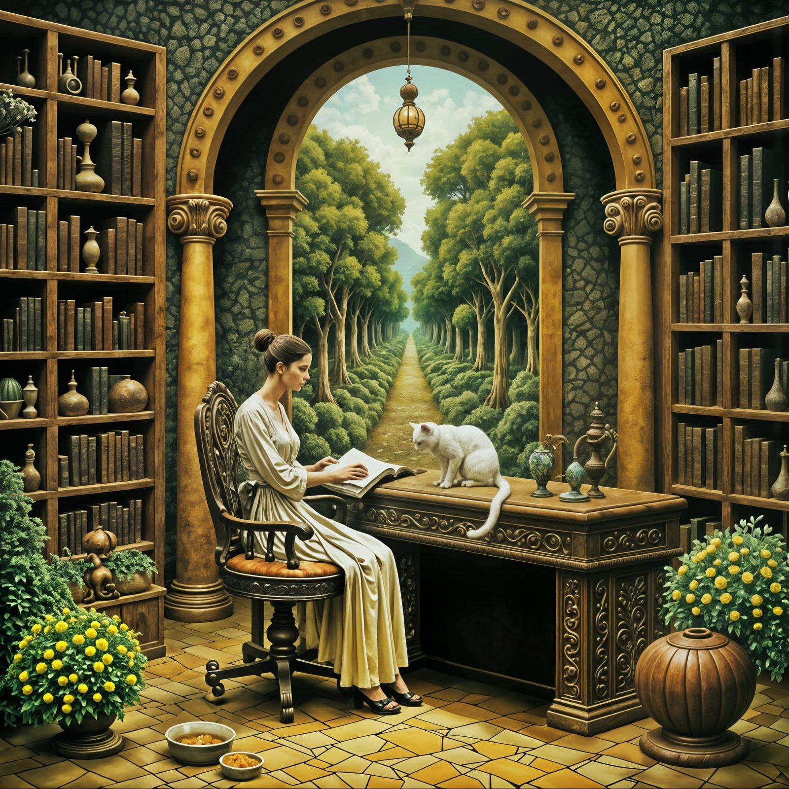 Philosopher Reads to White Cat in Renaissance Study