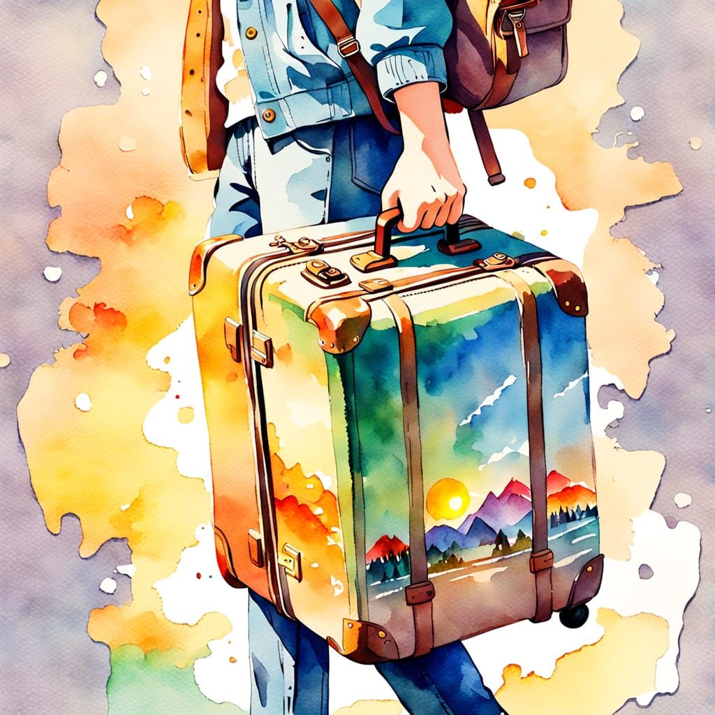 Traveler's Dreamy Watercolor Portrait with Vibrant Destinati...