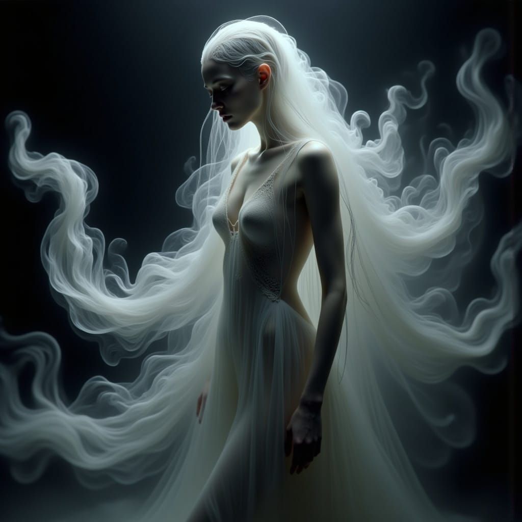 Ethereal Ghostly Figure in Flowing Gown