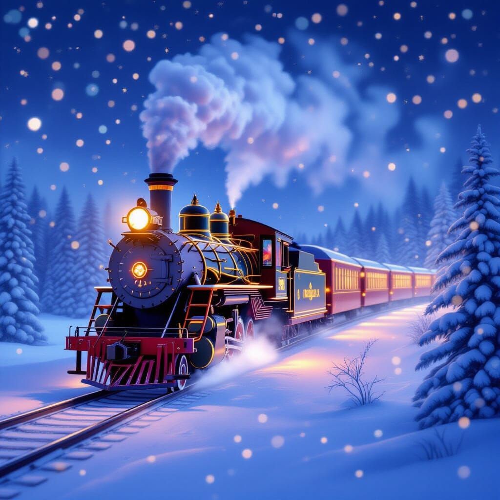 Festive Christmas Train on Icy Plains in Fantasy Style