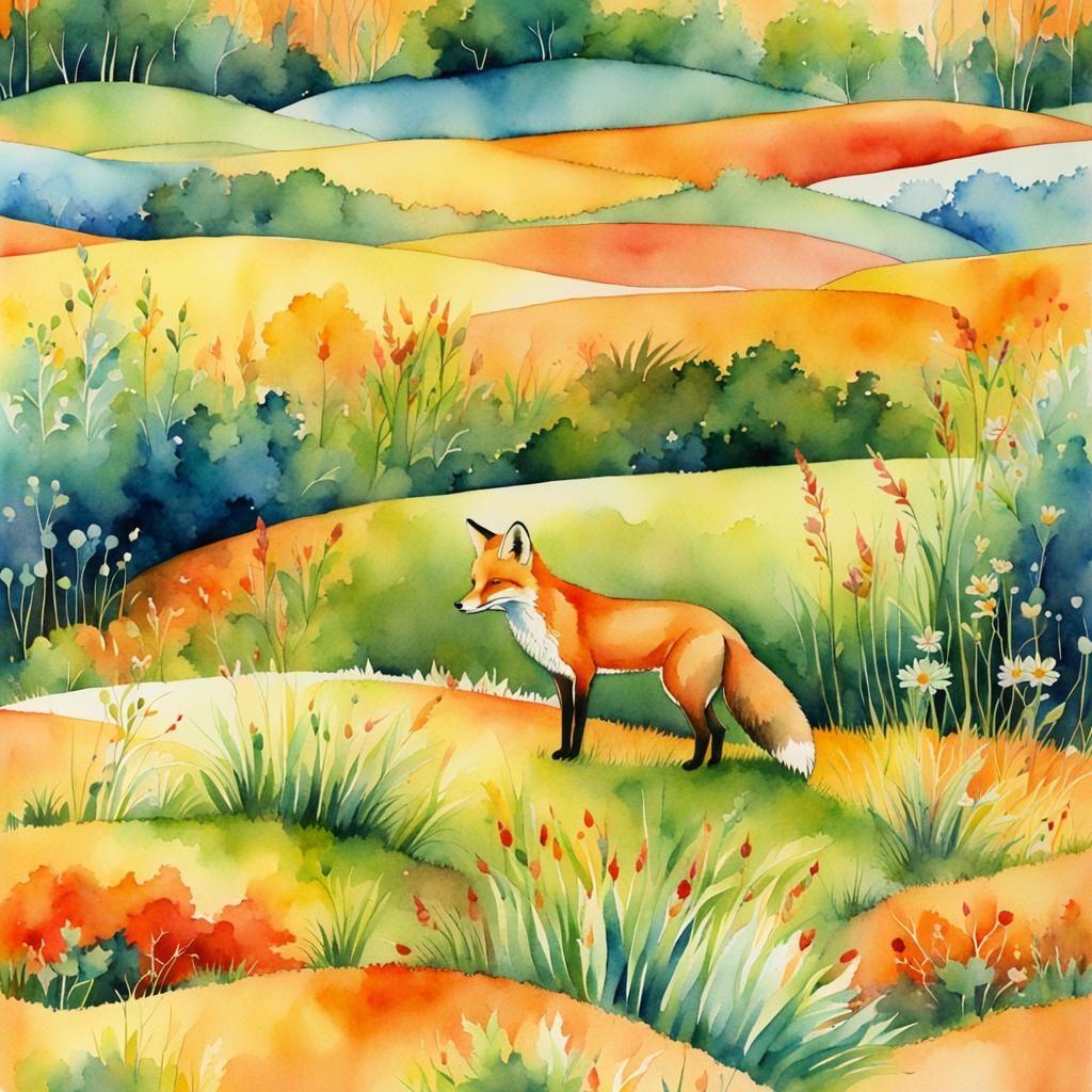 Colorful Watercolor Fox in a Field