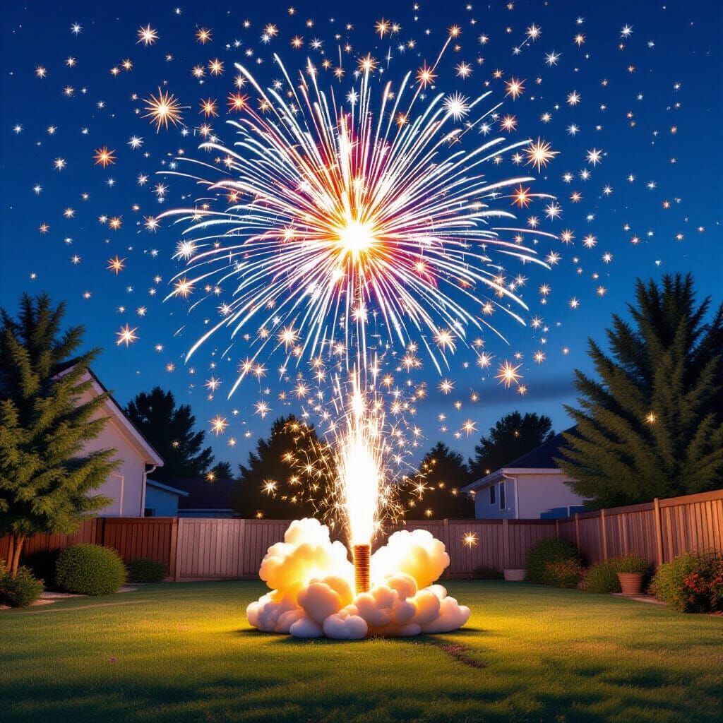 A Roman candle firework exploding spectacularly above a backyard, scattering sparks all over. pointillism, stipple, frac...