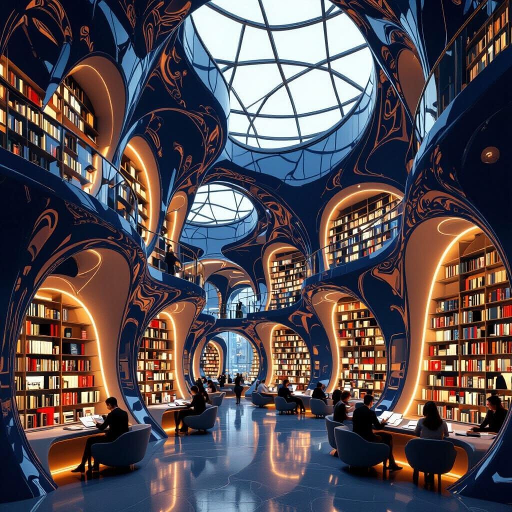 Futuristic Library with Organic Bookshelves in Art Nouveau S...