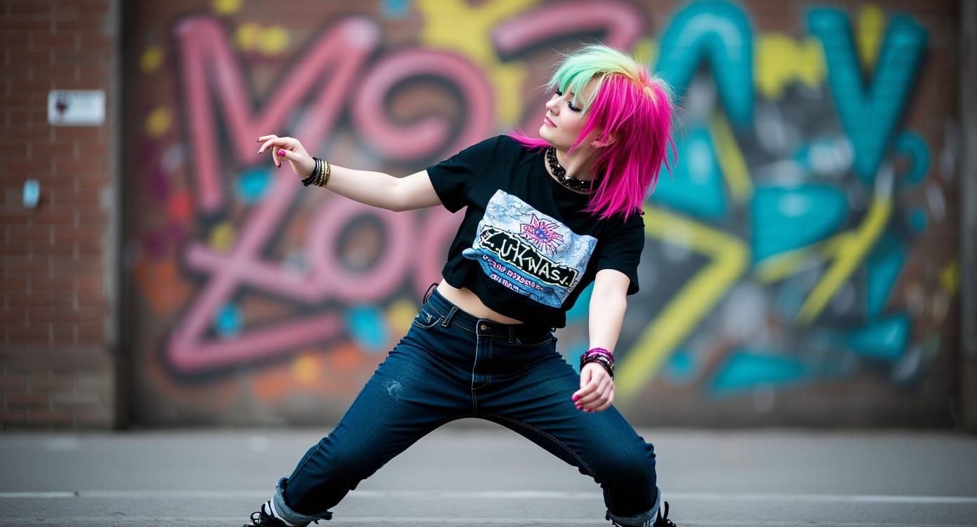 Punk Girl in Urban Setting with Graffiti, DSLR Photography