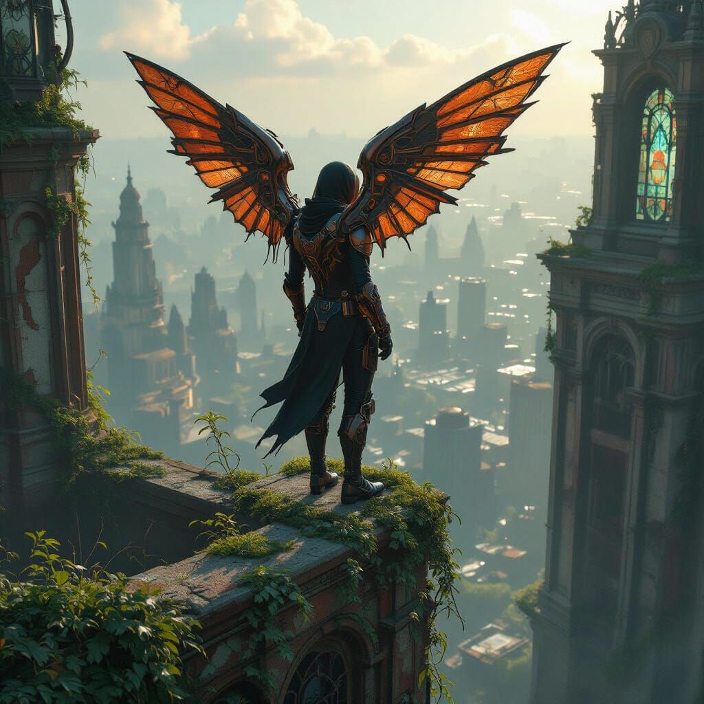 Mechanical Wings Figure on Art Nouveau Skyscraper Overlookin...