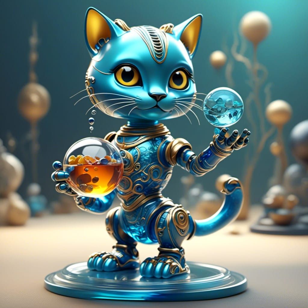 Robot Cat with Fishbowl in Glass Statue Style