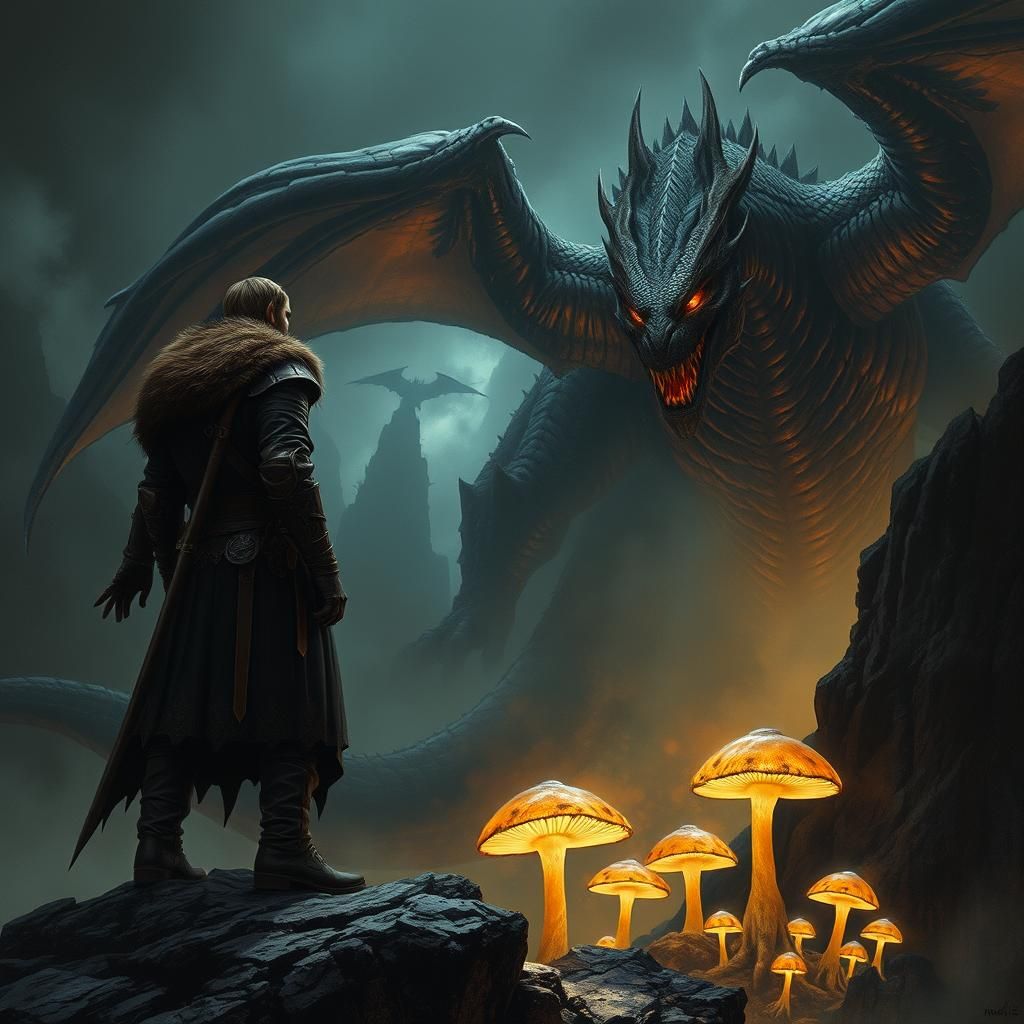 Turin Turambar Confronts Glaurung in Dark Landscape